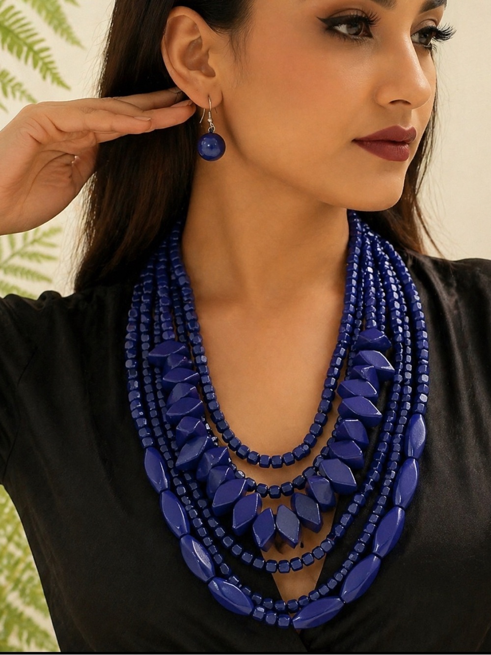 Elegant Multistrand Blue Beaded Necklace with Matching Earrings